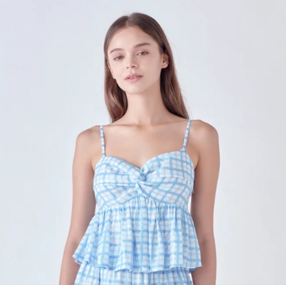 🟣M🏵️English Factory Sequin Plaid Blue&White Bustier Camisole Top
